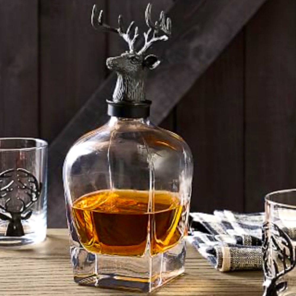 Pottery Barn Mouth Blown Soda Lime Glass & Bronze Stag Glass Decanter Sold Out!